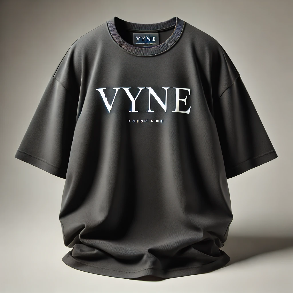 DALL·E 2025-03-23 15.00.20 - A realistic mockup of a black oversized T-shirt with the brand name 'Vyne' in a modern, minimalist font on the chest. The logo should be sleek, bold,